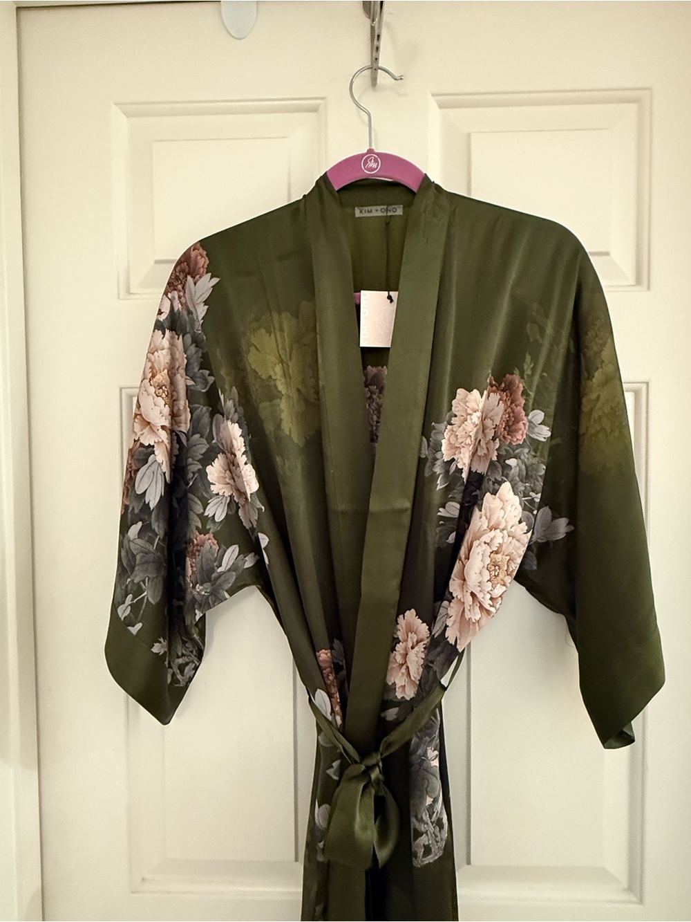 SILK KEINA LONG KIMONO ROBE Green Peonies NWT - Picture 5 of 12